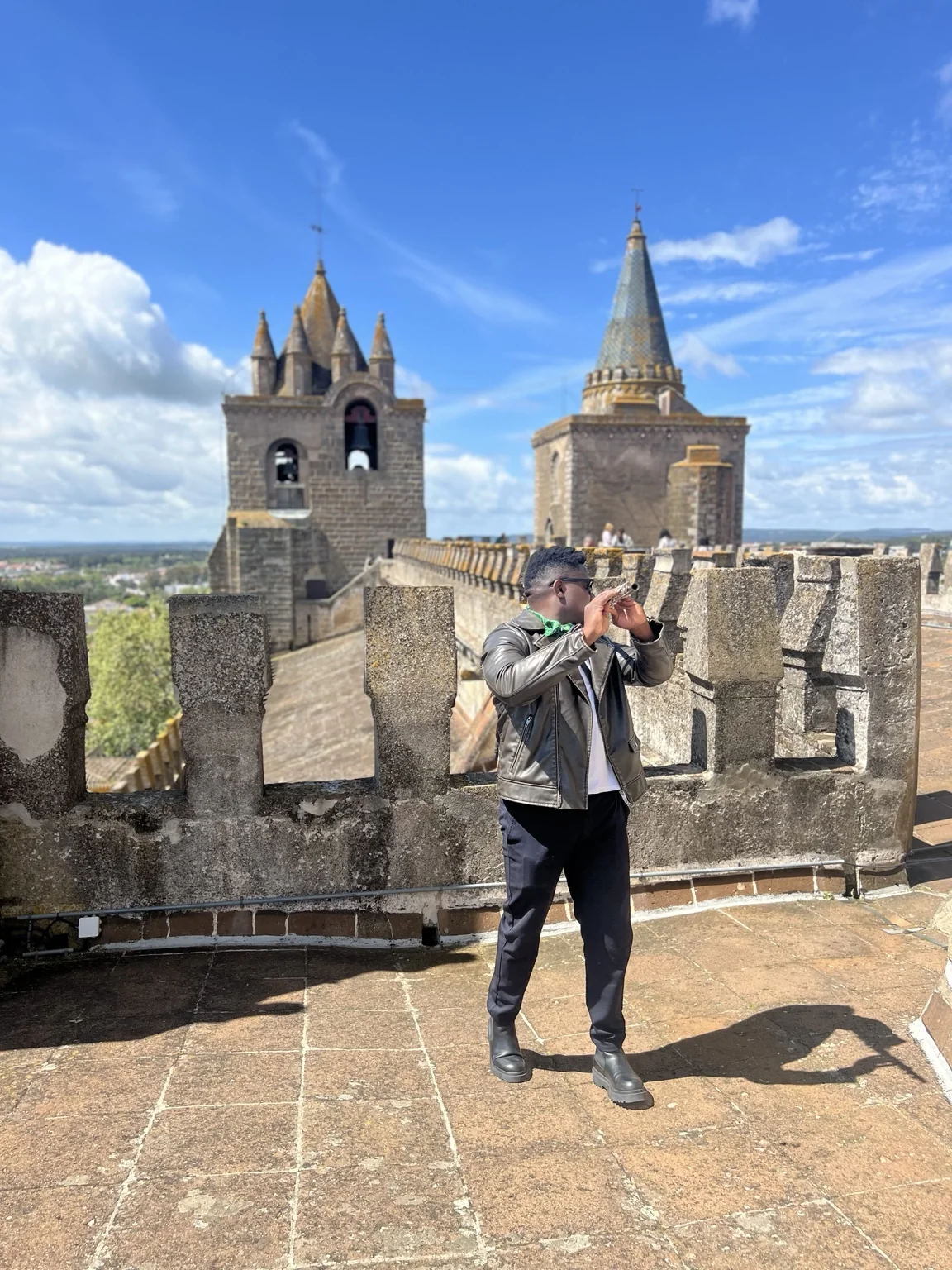 Playing flute at Évora Cathedral